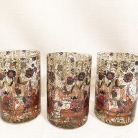 Set of six hand painted tumblers with paintings of men on horse back