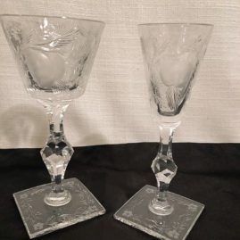 Set of Hawkes crystal stemware with square bases and cut pears and peaches