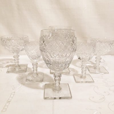 4 Antique Wine Glasses Vintage Pressed Glass Square Stem Wine