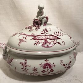 Another view of the rare pink onion tureen with the figure of the putti on top