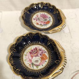 Pair of Coalport cobalt bowls with beautiful flower bouquets