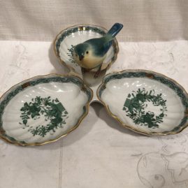 Green Herend Chines butterfly three section bowl with figure of a bird on top