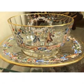 Wonderful signed Lobmyer bowl and under plate with scene of lovers