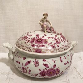 Meissen purple Indian tureen with cherub and cornocopia on top