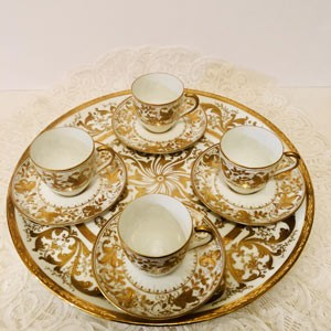 Le Tallec Profusely Gilded Demitasse Set With Four Cups and Saucers and Tray