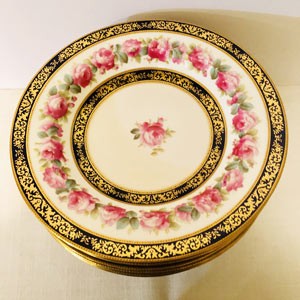 Set of Twelve Cauldon English Wide Rim Soups Decorated with Pink Roses With Cobalt Borders