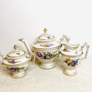 Helena Wolfson Dresden tea set with hand -painted flowers and raised faces of ladies