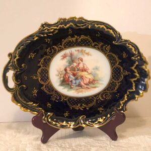 Cobalt Dresden Porcelain Tray with Scene of Lovers