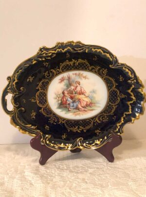 Cobalt Dresden Porcelain Tray with Scene of Lovers