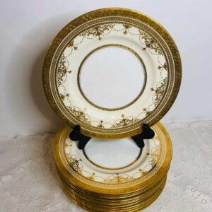 Set of Twelve Minton Dinner Plates with Raised Gold Arabesque and Jeweling