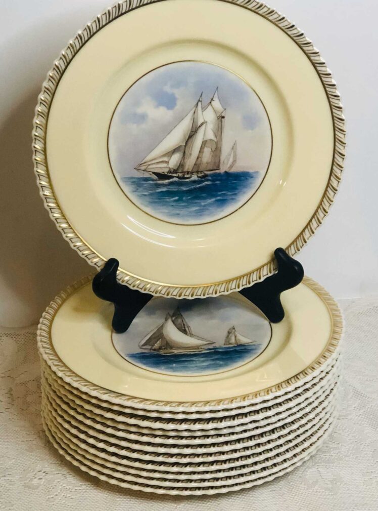 Set of 12 Lenox dinner plates each painted with a different sailing ship