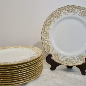 Set of 12 Royal Doulton dinner Plates with Raised Gold Arabesque Decoration
