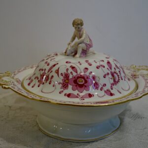 Meissen Purple Indian Covered Gravy with a Figure of a Putti and Cornucopia on Top