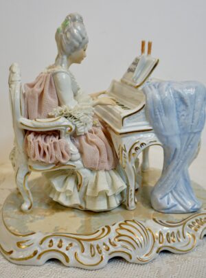 Dresden Figure of Lady Wearing Lace Playing Mozart on the Piano