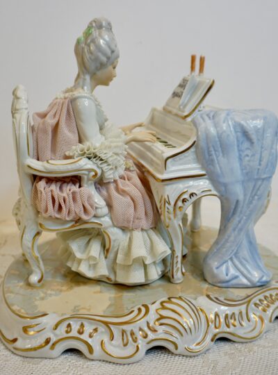 Dresden Figure of Lady Wearing Lace Playing Mozart on the Piano