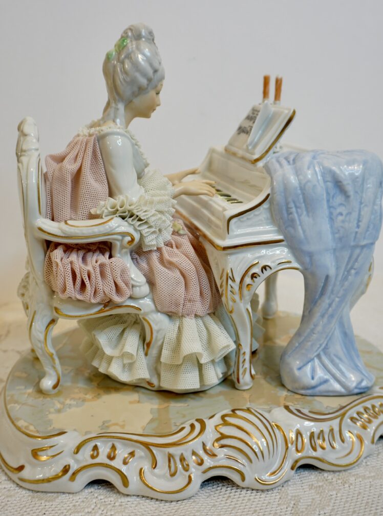Dresden Figure of Lady Wearing Lace Playing Mozart on the Piano