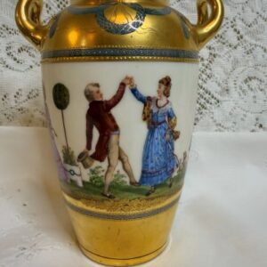 Wiswall Dresden vase hand-painted with scenes of ladies and gentlemen enjoying a beautiful day
