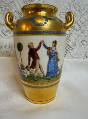 Wiswall Dresden vase hand-painted with scenes of ladies and gentlemen enjoying a beautiful day