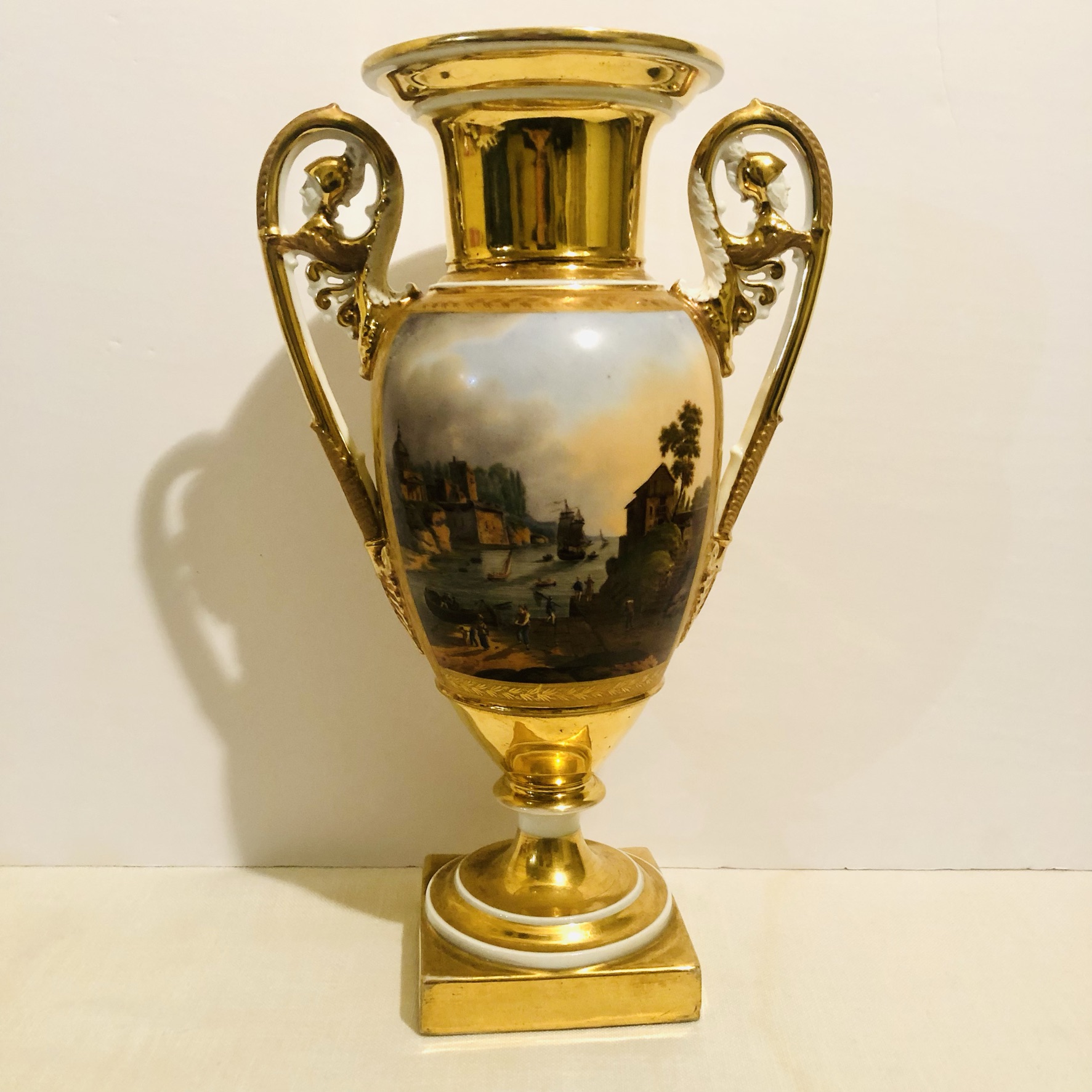 Paris Porcelain Vase with Paintings on Both of its Sides and Masked Handles Paris Porcelain Vase with Paintings on Both of its Sides and Masked Handles