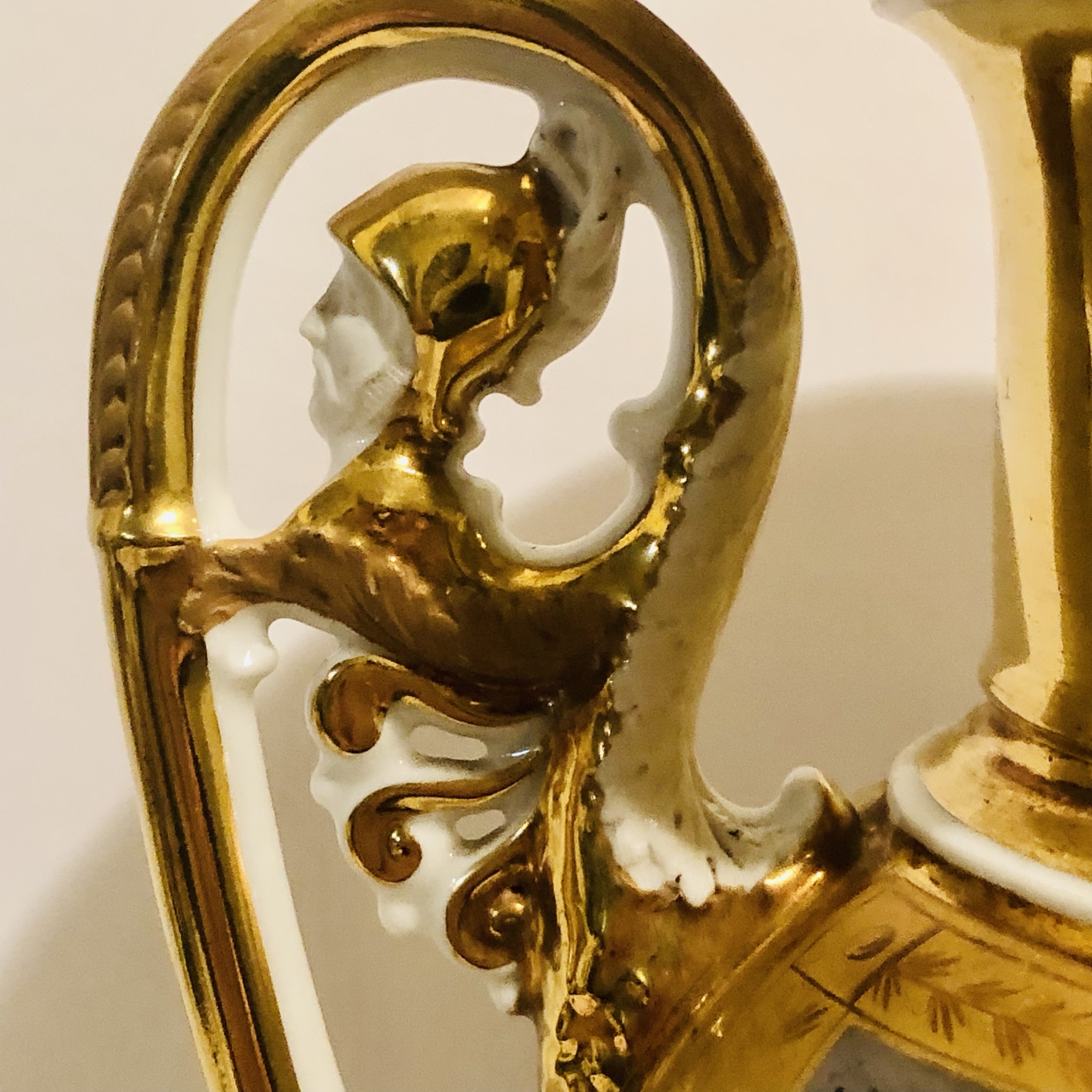 Paris Porcelain Vase with Paintings on Both of its Sides and Masked Handles Paris Porcelain Vase with Paintings on Both of its Sides and Masked Handles