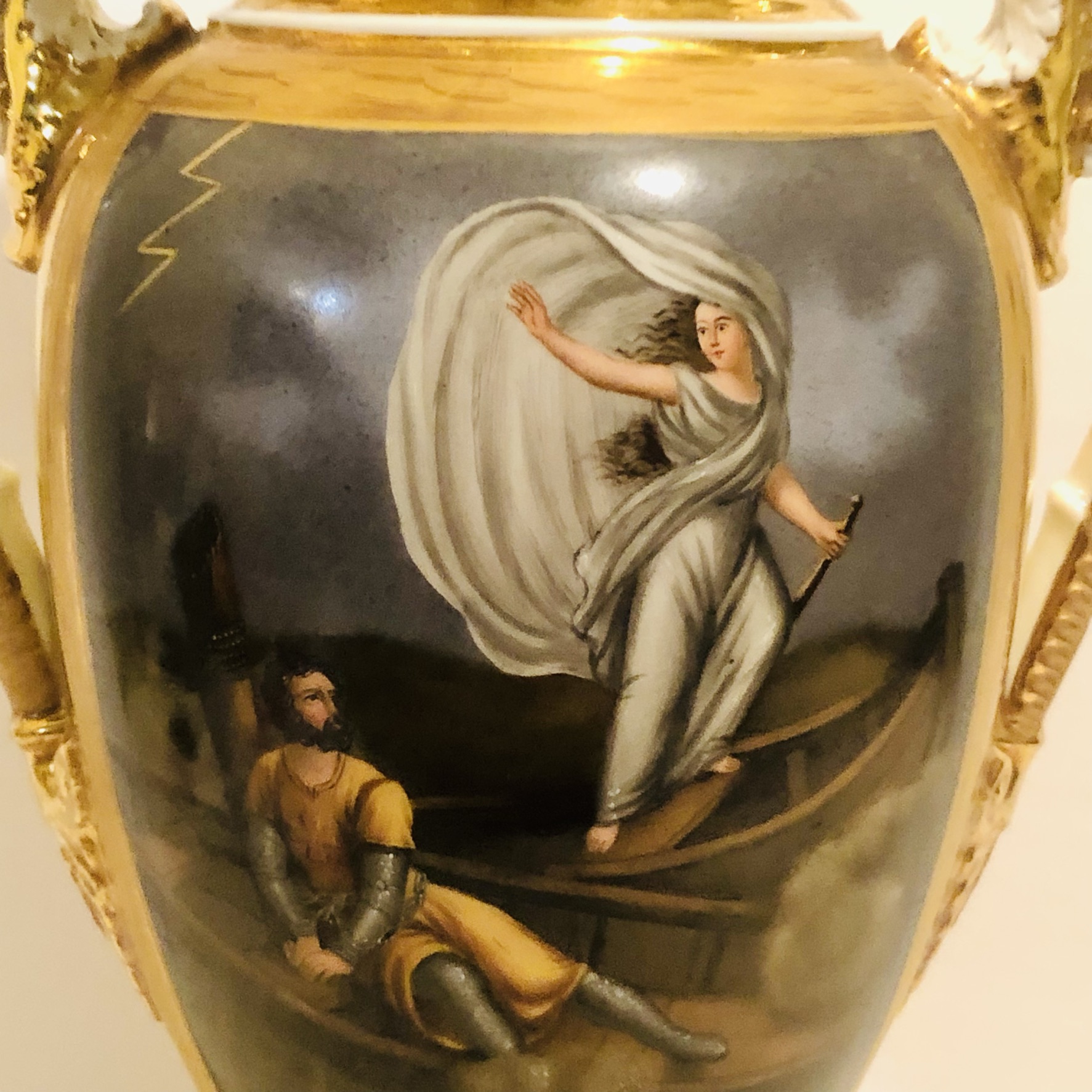 Paris Porcelain Vase with Paintings on Both of its Sides and Masked Handles Paris Porcelain Vase with Paintings on Both of its Sides and Masked Handles