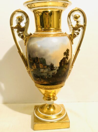 Paris Porcelain Vase with Paintings on Both of its Sides and Masked Handles