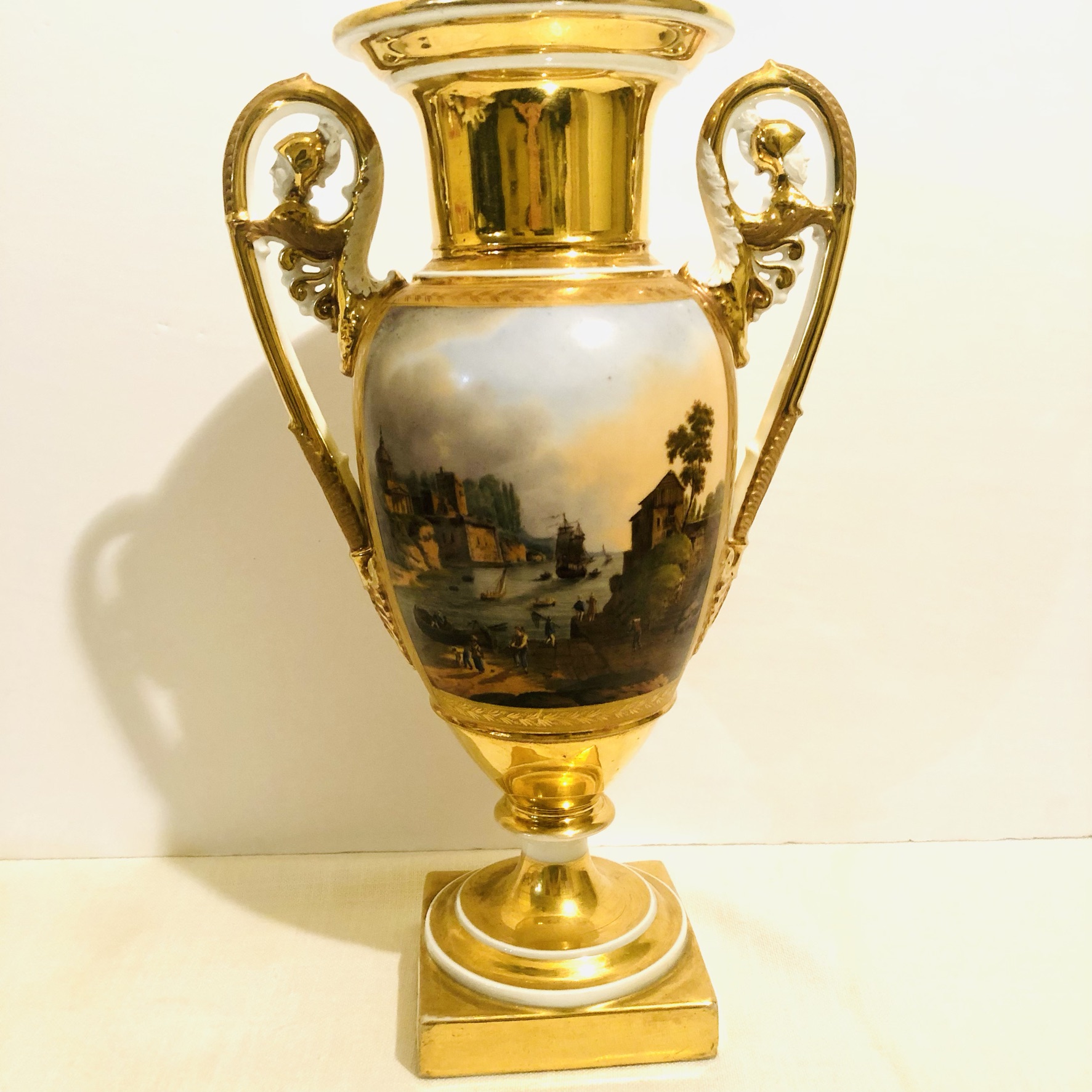 Paris Porcelain Vase with Paintings on Both of its Sides and Masked Handles Paris Porcelain Vase with Paintings on Both of its Sides and Masked Handles