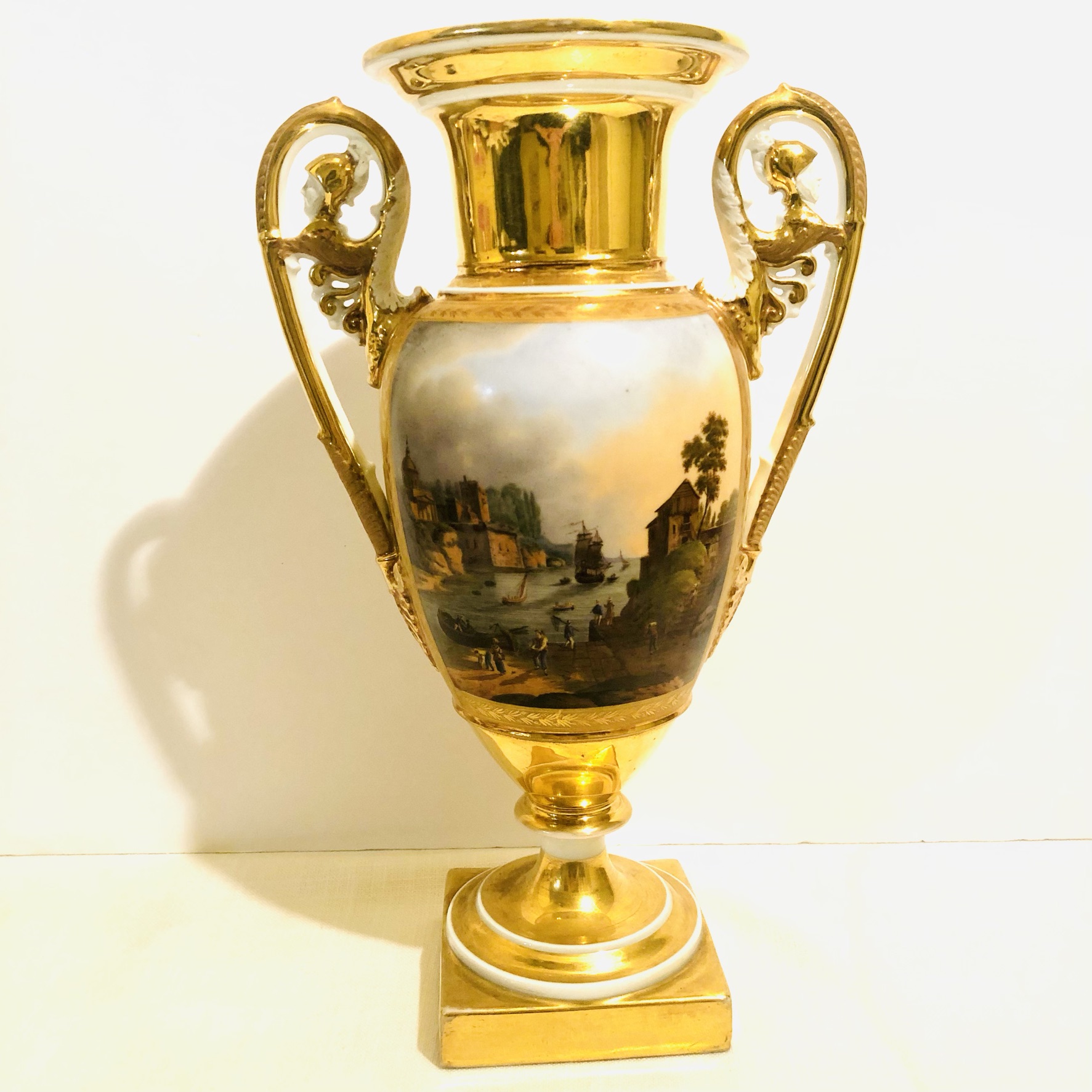 Paris Porcelain Vase with Paintings on Both of its Sides and Masked Handles Paris Porcelain Vase with Paintings on Both of its Sides and Masked Handles