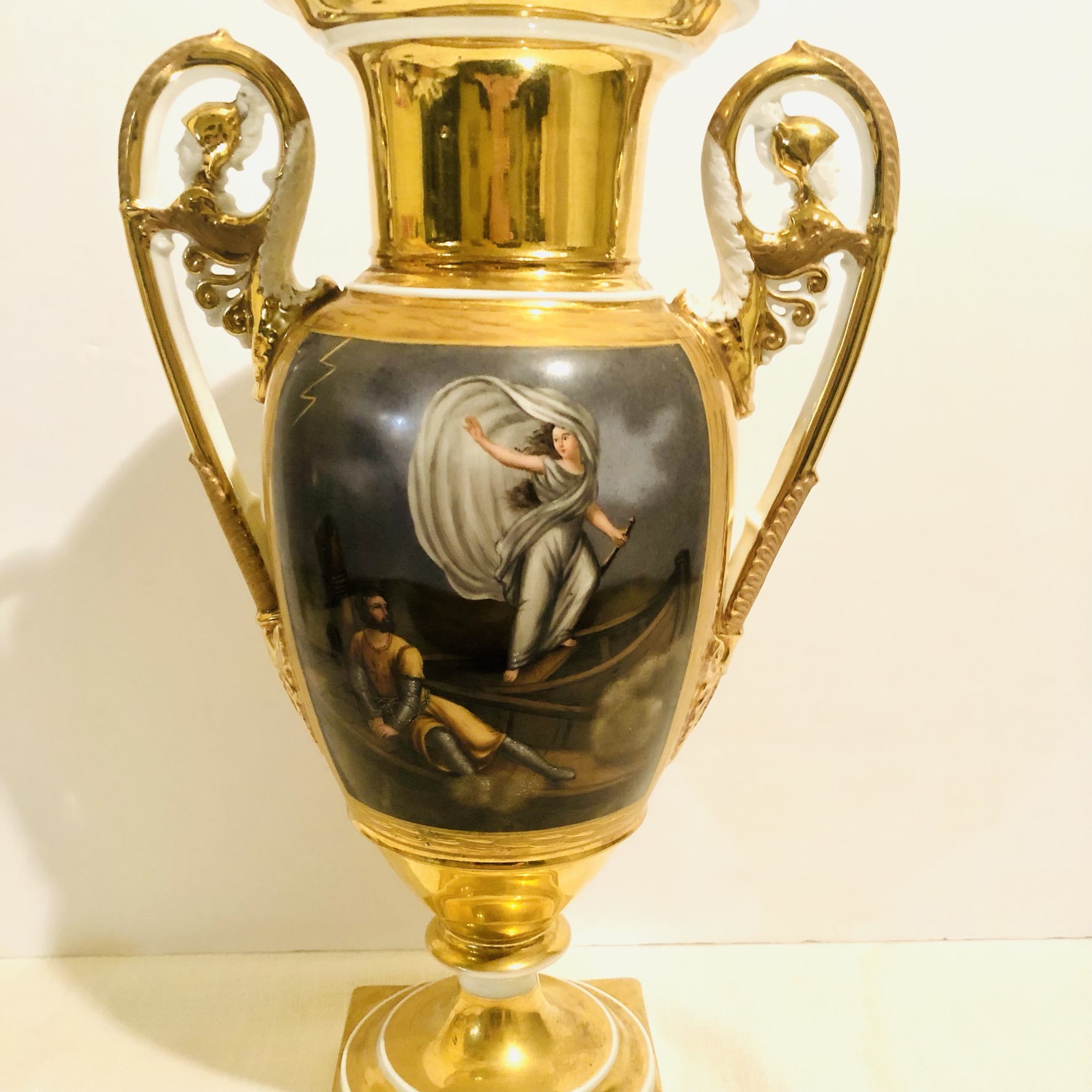 Paris Porcelain Vase with Paintings on Both of its Sides and Masked Handles Paris Porcelain Vase with Paintings on Both of its Sides and Masked Handles