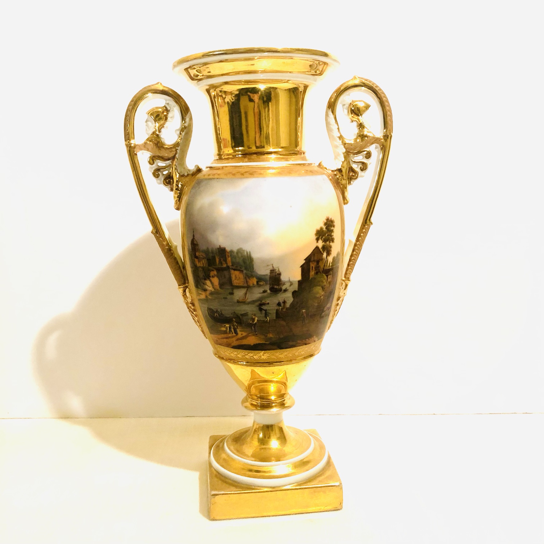 Paris Porcelain Vase with Paintings on Both of its Sides and Masked Handles Paris Porcelain Vase with Paintings on Both of its Sides and Masked Handles