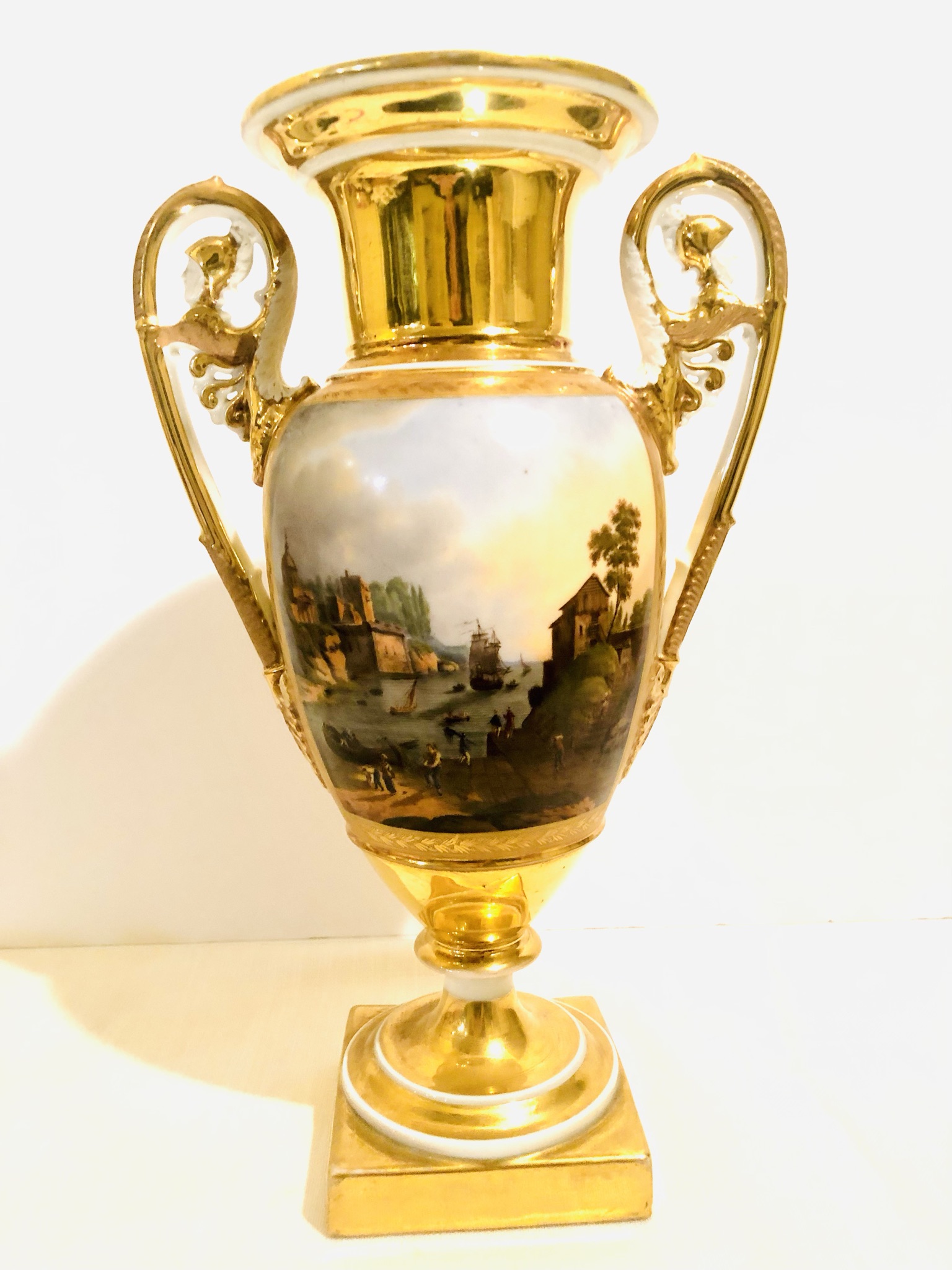 Paris Porcelain Vase with Paintings on Both of its Sides and Masked Handles Paris Porcelain Vase with Paintings on Both of its Sides and Masked Handles