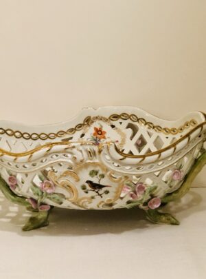 KPM Reticulated Bowl with Raised Flowers and Painted Birds on Both of its Sides