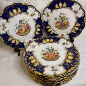 Set of 12 Coalport Dinner Plates With Birds, Flowers and Fruits