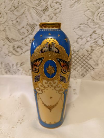 Dresden gilded and jeweled vase with hand-painted butterflies