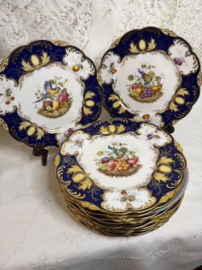 Set of 12 Coalport Dinner Plates With Birds, Flowers and Fruits