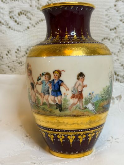 Wiswall Dresden vase hand-painted with children playing and frolicking outside
