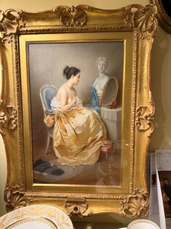 Gouache Watercolor of Beautiful Lady in a Gold Gown by Constant Joseph Brochart Gouache Watercolor of Beautiful Lady in a Gold Gown by Constant Joseph Brochart