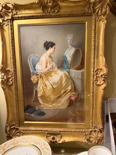 Gouache Watercolor of Beautiful Lady in a Gold Gown by Constant Joseph Brochart
