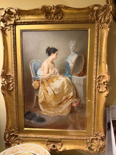 Gouache Watercolor of Beautiful Lady in a Gold Gown by Constant Joseph Brochart Gouache Watercolor of Beautiful Lady in a Gold Gown by Constant Joseph Brochart