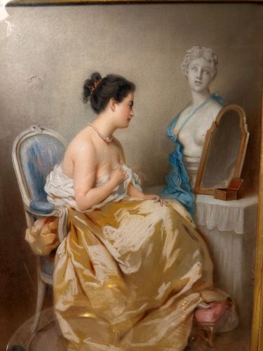Gouache Watercolor of Beautiful Lady in a Gold Gown by Constant Joseph Brochart Gouache Watercolor of Beautiful Lady in a Gold Gown by Constant Joseph Brochart