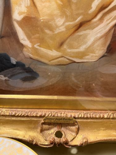 Gouache Watercolor of Beautiful Lady in a Gold Gown by Constant Joseph Brochart Gouache Watercolor of Beautiful Lady in a Gold Gown by Constant Joseph Brochart