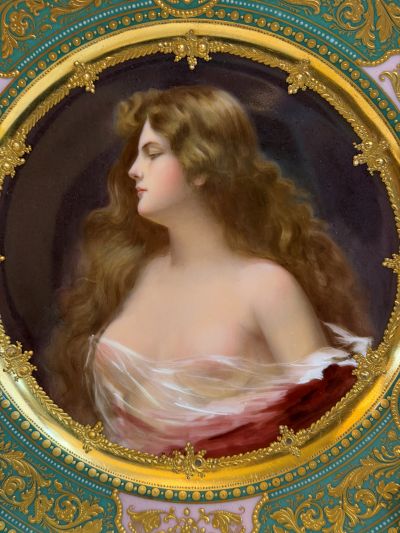 abinet portrait plate that has a central painting of a beautiful lady with long flowing hair abinet portrait plate that has a central painting of a beautiful lady with long flowing hair