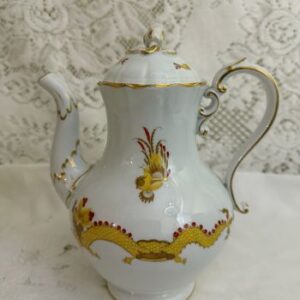 Rare Meissen Court Dragon Tea or Coffee Pot Painted in Red and Gold with a White Background