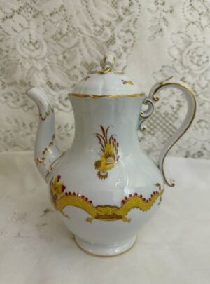 Rare Meissen Court Dragon Tea or Coffee Pot Painted in Red and Gold with a White Background