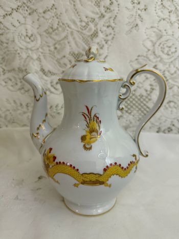 Rare Meissen Court Dragon Tea or Coffee Pot Painted in Red and Gold with a White Background