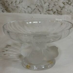 Lalique compote with four Iridescent figural birds around its base and a clear glass compote top