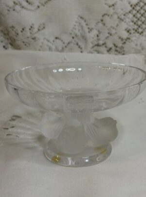 Lalique compote with four Iridescent figural birds around its base and a clear glass compote top