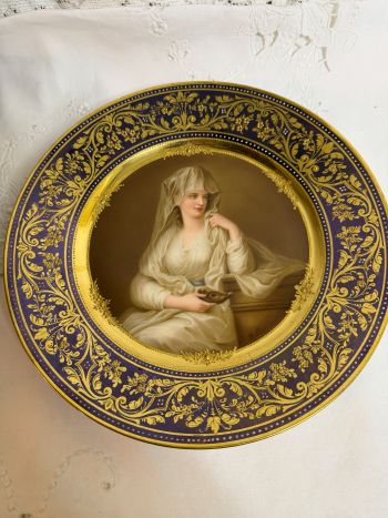Dresden Portrait Plate of a Beautiful Lady with a White Veil and a White Flowing Dress