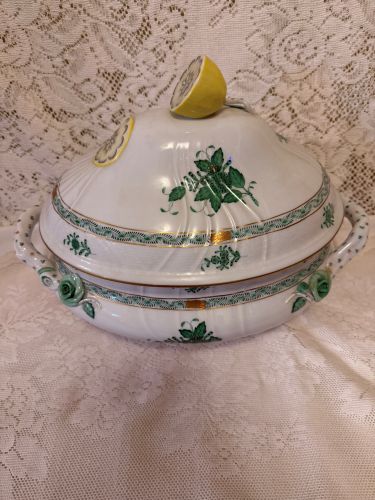 oversized green Chinese bouquet tureen which has a raised lemon finial oversized green Chinese bouquet tureen which has a raised lemon finial