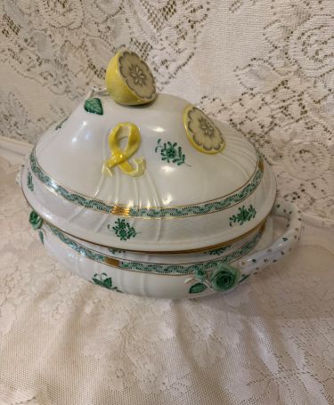 oversized green Chinese bouquet tureen which has a raised lemon finial oversized green Chinese bouquet tureen which has a raised lemon finial